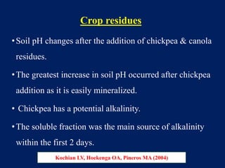 Crop residues
•Soil pH changes after the addition of chickpea & canola
residues.
•The greatest increase in soil pH occurred after chickpea
addition as it is easily mineralized.
• Chickpea has a potential alkalinity.
•The soluble fraction was the main source of alkalinity
within the first 2 days.
Kochian LV, Hoekenga OA, Pineros MA (2004)
 
