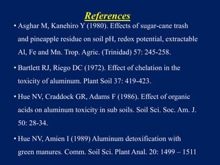 References
• Asghar M, Kanehiro Y (1980). Effects of sugar-cane trash
and pineapple residue on soil pH, redox potential, extractable
Al, Fe and Mn. Trop. Agric. (Trinidad) 57: 245-258.
• Bartlett RJ, Riego DC (1972). Effect of chelation in the
toxicity of aluminum. Plant Soil 37: 419-423.
• Hue NV, Craddock GR, Adams F (1986). Effect of organic
acids on aluminum toxicity in sub soils. Soil Sci. Soc. Am. J.
50: 28-34.
• Hue NV, Amien I (1989) Aluminum detoxification with
green manures. Comm. Soil Sci. Plant Anal. 20: 1499 – 1511
 