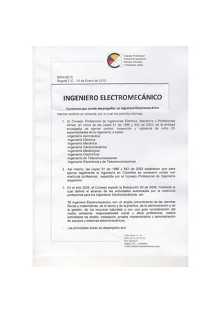 FUNCIONES DEL INGENIERO  ELECTROMECÁNICO 