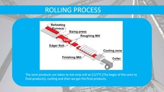 ROLLING PROCESS
The semi-products are taken to hot strip mill at 2127ᵒC (The begin of the semi to
final products), cooling and then we get the final products.
 
