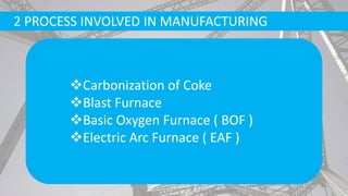 2 PROCESS INVOLVED IN MANUFACTURING
Carbonization of Coke
Blast Furnace
Basic Oxygen Furnace ( BOF )
Electric Arc Furnace ( EAF )
 