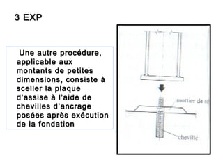 3 EXP3 EXP
Une autre procédure,Une autre procédure,
applicable auxapplicable aux
montants de petitesmontants de petites
dimensions, consiste àdimensions, consiste à
sceller la plaquesceller la plaque
d’assise à l’aide ded’assise à l’aide de
chevilles d’ancragechevilles d’ancrage
posées après exécutionposées après exécution
de la fondationde la fondation
 