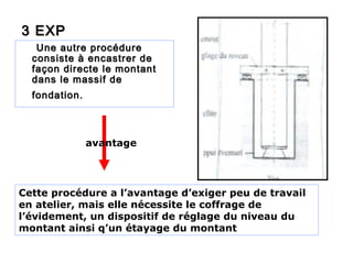 3 EXP3 EXP
Une autre procédureUne autre procédure
consiste à encastrer deconsiste à encastrer de
façon directe le montantfaçon directe le montant
dans le massif dedans le massif de
fondation.fondation.
avantage
Cette procédure a l’avantage d’exiger peu de travail
en atelier, mais elle nécessite le coffrage de
l’évidement, un dispositif de réglage du niveau du
montant ainsi q’un étayage du montant
 