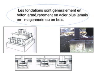 Les fondations sont généralement enLes fondations sont généralement en
béton armé,rarement en acier,plus jamaisbéton armé,rarement en acier,plus jamais
en maçonnerie ou en bois.en maçonnerie ou en bois.
 