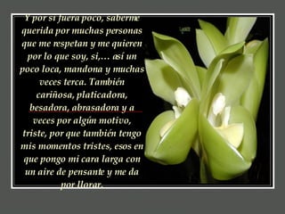 Y por si fuera poco, saberme querida por muchas personas que me respetan y me quieren por lo que soy, si,… así un poco loca, mandona y muchas veces terca. También cariñosa, platicadora, besadora, abrasadora y a veces por algún motivo, triste, por que también tengo mis momentos tristes, esos en que pongo mi cara larga con un aire de pensante y me da por llorar. 