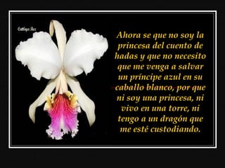 Ahora se que no soy la
 princesa del cuento de
hadas y que no necesito
 que me venga a salvar
 un príncipe azul en su
caballo blanco, por que
ni soy una princesa, ni
  vivo en una torre, ni
 tengo a un dragón que
  me esté custodiando.
 
