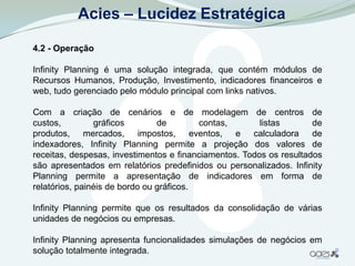 Acies – Lucidez Estratégica

4.2 - Operação

Infinity Planning é uma solução integrada, que contém módulos de
Recursos Humanos, Produção, Investimento, indicadores financeiros e
web, tudo gerenciado pelo módulo principal com links nativos.

Com a criação de cenários e de modelagem de centros de
custos,         gráficos        de        contas,       listas       de
produtos, mercados, impostos, eventos, e calculadora de
indexadores, Infinity Planning permite a projeção dos valores de
receitas, despesas, investimentos e financiamentos. Todos os resultados
são apresentados em relatórios predefinidos ou personalizados. Infinity
Planning permite a apresentação de indicadores em forma de
relatórios, painéis de bordo ou gráficos.

Infinity Planning permite que os resultados da consolidação de várias
unidades de negócios ou empresas.

Infinity Planning apresenta funcionalidades simulações de negócios em
solução totalmente integrada.
 