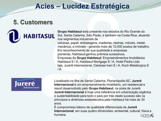 Acies – Lucidez Estratégica

5. Customers
                 Grupo Habitasul está presente nos estados do Rio Grande do
                 Sul, Santa Catarina, São Paulo, e também na Costa Rica, atuando
                 nos segmentos industriais de
                 celulose, papel, embalagens, madeiras, resinas, móveis, metal-
                 mecânica, e imóveis - gerando mais de 12.000 postos de trabalho.
                 Em reconhecimento de sua qualidade e empresas
                 pioneiras, Habitasul ganhou prêmios sucessivos.
                 Empresas do Grupo Habitasul: Empreendimentos Imobiliários
                 Habitasul S / A, Habitasul Mortgage S / A, Hotel Pedra Ltda
                 laje, Jurerê Internacional, Celulose Irani S / A, Koch Metalúrgica S
                 / A.


               Localizado na Ilha de Santa Catarina, Florianópolis-SC, Jurerê
               Internacional é um empreendimento imobiliário, um residencial e
               resort desenvolvido pelo Grupo Habitasul, na praia de Jurerê.
               Jurerê Internacional é hoje uma referência em urbanização orgânica
               e sustentabilidade para todo o país por trás deste sucesso são os
               princípios e diretrizes estabelecidos pela Habitasul há mais de 30
               anos.
               É compromisso básico de qualidade diferenciada de Jurerê
               Internacional, em suas quatro dimensões: ambiental, cultural, física e
               humana.
 