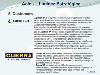 Acies – Lucidez Estratégica

5. Customers
               Lupatech SA é composto por empresas, principalmente voltados
               para o setor de petróleo e gás, fornecendo equipamentos e serviços
               para a fase de produção, conquistando a liderança de mercado no
               Mercosul como fabricante de válvulas industriais.
               Suas soluções de alto valor são distribuídas através de empresas
               localizadas no Brasil e no exterior. Para os segmentos de petróleo e
               gás, a Lupatech SA fornece cabos de poliéster (para ancoragem de
               plataformas em águas profundas e ultraprofundas), ampla gama de
               válvulas, ferramentas para completação de poços, revestimentos
               especiais para tubos, compressores de gás, sistemas de
               monitoramento em fibra óptica, além de serviços gerais plataformas.
               Lupatech SA também atua na produção e comercialização de
               válvulas industriais, principalmente em petroquímica, química, papel
               e celulose, alimentos, produtos farmacêuticos, aço, entre outros.

                 Guerra SA é uma das maiores fabricantes de abastecimento de
                 estrada da América Latina, com sede e três plantas de fábricas em
                 Caxias do Sul (RS), Farroupilha (RS) e São Paulo (SP). O lema
                 "Paz na Estrada" também se estabeleceu como uma tecnologia de
                 qualidade, marca e inovação.
                 Guerra SA fornecer mais de 100 mil implementos em
                 funcionamento, 10 mil clientes ativos e uma rede de 62 pontos de
                 serviços autorizados em todo o país. Seus produtos são
                 exportados para 17 países.
 