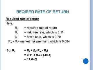 REQIRED RATE OF RETURN
Required rate of return
Here,
Ri = required rate of return
Rf = risk free rate, which is 0.11
βi = firm’s beta, which is 0.79
Rm - Rf= market risk premium, which is 0.084
So, Ri = Rf + βi (Rm - Rf)
= 0.11 + 0.79 (.084)
= 17.64%
 