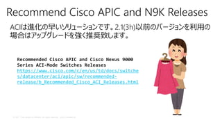 © 2017 Cisco and/or its affiliates. All rights reserved. Cisco Confidential
Recommend Cisco APIC and N9K Releases
ACIは進化の早いソリューションです。2.1(3h)以前のバージョンを利用の
場合はアップグレードを強く推奨致します。
Recommended Cisco APIC and Cisco Nexus 9000
Series ACI-Mode Switches Releases
https://www.cisco.com/c/en/us/td/docs/switche
s/datacenter/aci/apic/sw/recommended-
release/b_Recommended_Cisco_ACI_Releases.html
 