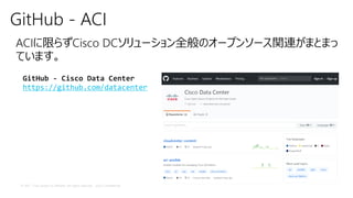© 2017 Cisco and/or its affiliates. All rights reserved. Cisco Confidential
GitHub - ACI
ACIに限らずCisco DCソリューション全般のオープンソース関連がまとまっ
ています。
GitHub - Cisco Data Center
https://github.com/datacenter
 