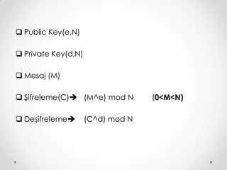  Public Key(e,N)

 Private Key(d,N)

 Mesaj (M)

 Şifreleme(C) (M^e) mod N        (0<M<N)

 Deşifreleme       (C^d) mod N
 