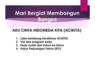 Mari Bergiat Membangun
Bangsa
AKU CINTA INDONESIA KITA (ACIKITA)
1. Latar belakang berdirinya ACIKITA
2. Visi dan program kerja
3. Kerja nyata dari tahun ke tahun
4. Fokus Perjuangan Tahun 2015
 