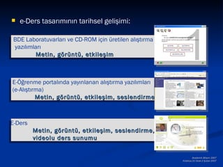    e-Ders tasarımının tarihsel gelişimi:

 BDE Laboratuvarları ve CD-ROM için üretilen alıştırma
 yazılımları
         Metin, görüntü, etkileşim



E-Öğrenme portalında yayınlanan alıştırma yazılımları
(e-Alıştırma)
          Metin, görüntü, etkileşim, seslendirme



E-Ders
         Metin, görüntü, etkileşim, seslendirme,
         videolu ders sunumu


                                                                 Akademik Bilişim 2007
                                                         Kütahya,31 Ocak-2 Şubat 2007
 