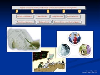 Yapım senaryosundaki medyaların üretimi tasarımcılara sipariş edilir.



Grafik-Fotoğraflar     Canlandırma       Programlama        Video sunumu

Televizyon sunumu        Seslendirme        Seslendirme ve video kurguları




                                                                                     Akademik Bilişim 2007
                                                                             Kütahya,31 Ocak-2 Şubat 2007
 