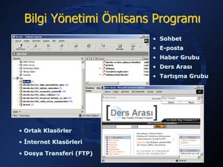 Bilgi Yönetimi Önlisans Programı
                          • Sohbet
                          • E-posta
                          • Haber Grubu
                          • Ders Arası
                          • Tartışma Grubu




• Ortak Klasörler

• İnternet Klasörleri

• Dosya Transferi (FTP)
 