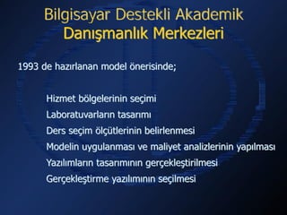Bilgisayar Destekli Akademik
        Danışmanlık Merkezleri

1993 de hazırlanan model önerisinde;


      Hizmet bölgelerinin seçimi
      Laboratuvarların tasarımı
      Ders seçim ölçütlerinin belirlenmesi
      Modelin uygulanması ve maliyet analizlerinin yapılması
      Yazılımların tasarımının gerçekleştirilmesi
      Gerçekleştirme yazılımının seçilmesi
 