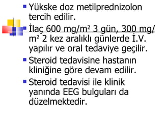  Yükske doz metilprednizolon
  tercih edilir.
 İlaç 600 mg/m2 3 gün, 300 mg/

  m2 2 kez aralıklı günlerde İ.V.
  yapılır ve oral tedaviye geçilir.
 Steroid tedavisine hastanın

  kliniğine göre devam edilir.
 Steroid tedavisi ile klinik

  yanında EEG bulguları da
  düzelmektedir.
 