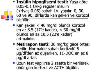    İnsülin hipoglisemi testi: Yaşa göre
    0.05-0.1 Ü/kg regüler insülin
    (<4yaş:0.05) sabah i.v. yapılır. 0, 30,
    60 ve 90. dk’larda kan şekeri ve kortizol
    ölçülür.
   Kan şekeri < 40 mg/dl olunca kortizol
    en az 8.5 (17’e kadar), < 30 mg/dl
    olunca en az 10.5 (22’e kadar)
    artmalıdır.
   Metirapon testi: 30 mg/kg gece ortası
    verilir. Normalde sabah kortizolü 5
    μg/dl’den az düşerken, 11-DOC en az 8
    μg/dl artar.
   Uzun test yapılırsa 2 saatte bir verilerek
    öbür gün kortizol ve ACTH ölçülür.
 