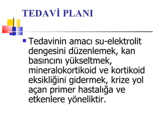 TEDAVİ PLANI

   Tedavinin amacı su-elektrolit
    dengesini düzenlemek, kan
    basıncını yükseltmek,
    mineralokortikoid ve kortikoid
    eksikliğini gidermek, krize yol
    açan primer hastalığa ve
    etkenlere yöneliktir.
 