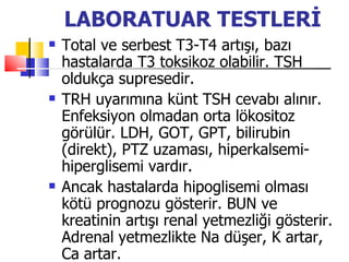 LABORATUAR TESTLERİ
   Total ve serbest T3-T4 artışı, bazı
    hastalarda T3 toksikoz olabilir. TSH
    oldukça supresedir.
   TRH uyarımına künt TSH cevabı alınır.
    Enfeksiyon olmadan orta lökositoz
    görülür. LDH, GOT, GPT, bilirubin
    (direkt), PTZ uzaması, hiperkalsemi-
    hiperglisemi vardır.
   Ancak hastalarda hipoglisemi olması
    kötü prognozu gösterir. BUN ve
    kreatinin artışı renal yetmezliği gösterir.
    Adrenal yetmezlikte Na düşer, K artar,
    Ca artar.
 