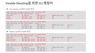 Trouble Shooting을 위한 CLI 명령어
LEAF-105# show ip igmp interface brief vrf MCAST:MCAST
IGMP interfaces for VRF "MCAST:MCAST", count: 2
Interface IP address IGMP Querier Membership count Version
Vlan4 192.168.1.1/24 192.168.1.1 10 v3
Vlan10 192.168.2.1/24 192.168.2.1 10 v3
LEAF-106# show ip igmp interface brief vrf MCAST:MCAST
IGMP interfaces for VRF "MCAST:MCAST", count: 2
Interface IP address IGMP Querier Membership count Version
Vlan4 192.168.3.1/24 192.168.3.1 10 v3
Vlan6 192.168.4.1/24 192.168.4.1 10 v3
 Non-Border Leaf에서 IGMP 확인
LEAF-101# show ip igmp interface brief vrf MCAST:MCAST
IGMP interfaces for VRF "MCAST:MCAST", count: 2
Interface IP address IGMP Querier Membership count Version
Ethernet1/28 101.101.101.254/24 101.101.101.1 0 v3
Ethernet1/47 104.104.104.254/24 104.104.104.1 0 v3
 Border Leaf에서 IGMP 확인
LEAF-102# show ip igmp interface brief vrf MCAST:MCAST
IGMP interfaces for VRF "MCAST:MCAST", count: 2
Interface IP address IGMP Querier Membership count Version
Ethernet1/27 102.102.102.254/24 102.102.102.1 0 v3
Ethernet1/28 103.103.103.254/24 103.103.103.1 0 v3
 
