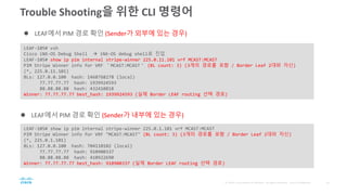 Trouble Shooting을 위한 CLI 명령어
 LEAF에서 PIM 경로 확인 (Sender가 외부에 있는 경우)
LEAF-105# vsh
Cisco iNX-OS Debug Shell  iNX-OS debug shell로 진입
LEAF-105# show ip pim internal stripe-winner 225.0.11.101 vrf MCAST:MCAST
PIM Stripe Winner info for VRF ＂MCAST:MCAST＂ (BL count: 3) (3개의 경로를 포함 / Border Leaf 2대와 자신)
(*, 225.0.11.101)
BLs: 127.0.0.100 hash: 1468768278 (local)
77.77.77.77 hash: 1939924593
88.88.88.88 hash: 432410818
Winner: 77.77.77.77 best_hash: 1939924593 (실제 Border LEAF routing 선택 경로)
LEAF-105# show ip pim internal stripe-winner 225.0.1.101 vrf MCAST:MCAST
PIM Stripe Winner info for VRF "MCAST:MCAST" (BL count: 3) (3개의 경로를 포함 / Border Leaf 2대와 자신)
(*, 225.0.1.101)
BLs: 127.0.0.100 hash: 704110102 (local)
77.77.77.77 hash: 910900337
88.88.88.88 hash: 410922690
Winner: 77.77.77.77 best_hash: 910900337 (실제 Border LEAF routing 선택 경로)
 LEAF에서 PIM 경로 확인 (Sender가 내부에 있는 경우)
 
