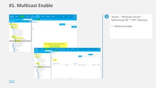 #1. Multicast Enable
1 Tenant – “Multicast-Tenant”-
Networking-VRF –”VRF”-Multicast
• Multicast Enable
 