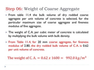 Step 06: Weight of Coarse Aggregate
 From table 11.4 the bulk volume of dry rodded coarse
aggregate per unit volume of concrete is selected, for the
particular maximum size of coarse aggregate and fineness
modulus of fine aggregate.
 The weight of C.A. per cubic meter of concrete is calculated
by multiplying the bulk volume with bulk density.
 From Table 11.4, for 20 mm coarse aggregate, for fineness
modulus of 2.80, the dry rodded bulk volume of C.A. is 0.62
per unit volume of concrete.
The weight of C. A. = 0.62 𝑥 1600 = 992.0 𝑘𝑔 𝑚3
 