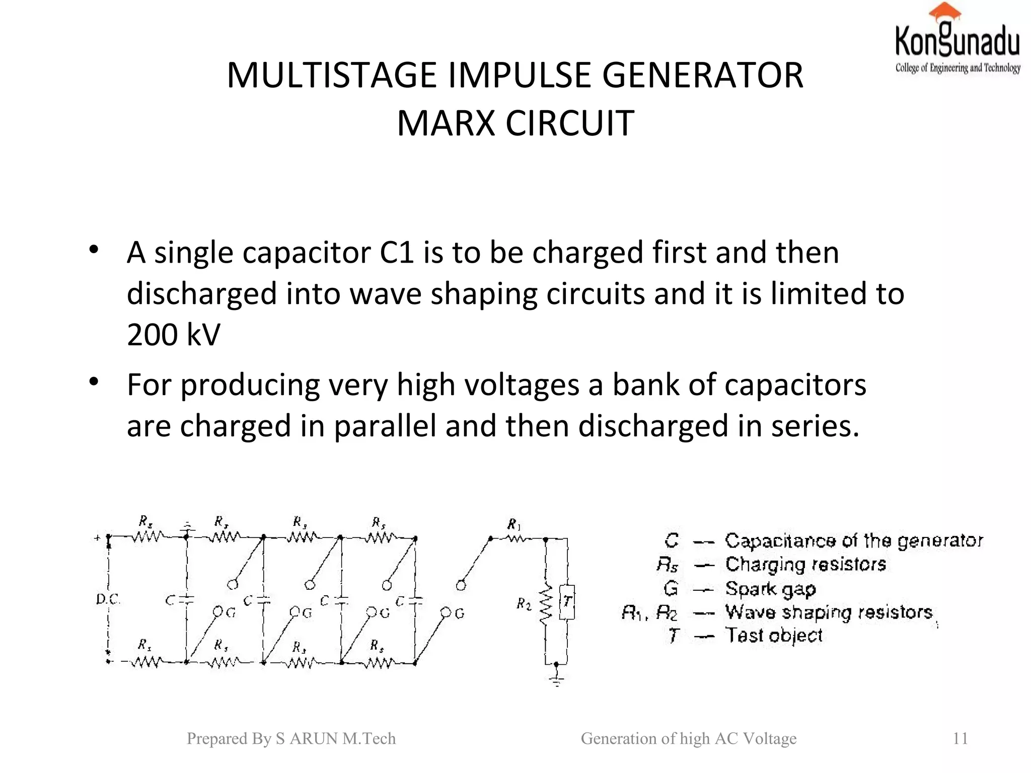 MULTISTAGE IMPULSE GENERATOR
MARX CIRCUIT
• A single capacitor C1 is to be charged first and then
discharged into wave shaping circuits and it is limited to
200 kV
• For producing very high voltages a bank of capacitors
are charged in parallel and then discharged in series.
11Prepared By S ARUN M.Tech Generation of high AC Voltage
 