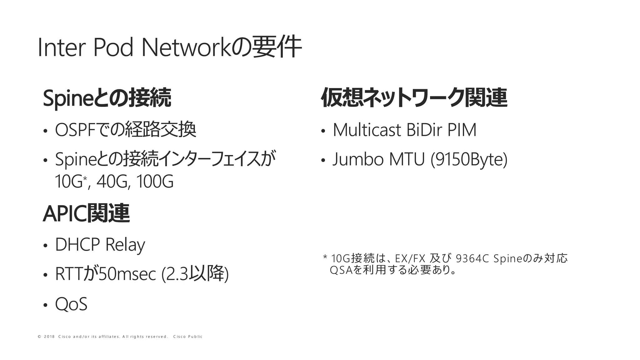 © 2 0 1 8 C i s c o a n d / o r i t s a f f i l i a t e s . A l l r i g h t s r e s e r v e d . C i s c o P u b l i c
Spine
• OSPF
• Spine
10G*, 40G, 100G
APIC
• DHCP Relay
• RTT 50msec (2.3 )
• QoS
• Multicast BiDir PIM
• Jumbo MTU (9150Byte)
Inter Pod Network
* 10G EX/FX 9364C Spine
QSA
 