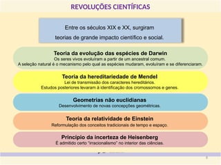 REVOLUÇÕES CIENTÍFICAS
Entre os séculos XIX e XX, surgiram
teorias de grande impacto científico e social.
Teoria da evolução das espécies de Darwin
Os seres vivos evoluíram a partir de um ancestral comum.
A seleção natural é o mecanismo pelo qual as espécies mudaram, evoluíram e se diferenciaram.
Teoria da hereditariedade de Mendel
Lei de transmissão dos caracteres hereditários.
Estudos posteriores levaram à identificação dos cromossomos e genes.
Teoria da relatividade de Einstein
Reformulação dos conceitos tradicionais de tempo e espaço.
Princípio da incerteza de Heisenberg
É admitido certo “irracionalismo” no interior das ciências.
Geometrias não euclidianas
Desenvolvimento de novas concepções geométricas.
8
 