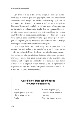 A CIÊNCIA DA LONGEVIDADE




   Um modo fácil de incluir cereais integrais à sua dieta é acres-
centá-los às receitas que você já prepara sem eles. Experimente
acrescentar arroz integral ou cevada à próxima sopa que ﬁzer, ou
a um ensopado de carne e legumes; acrescente aveia integral aos
biscoitos. Na massa de um bolo ou de uma torta, substitua metade
da farinha de trigo branca por farinha de trigo integral. O resulta-
do não só será saboroso, como você terá consciência de que está
contribuindo um pouquinho para a longevidade de quem o comer.
Você também pode trocar totalmente o pão branco por pão inte-
gral, de trigo integral ou de centeio, e biscoitos de farinha de trigo
branca por biscoitos feitos com cereais integrais.
   Os alimentos feitos com cereais integrais – incluindo desde um
atraente prato de talharim até um pilaf de arroz de grãos longos
– não são mais privilégios de clientes soﬁsticados nem encontra-
dos apenas em lojas de delicatessen. Eles estão disponíveis nos super-
mercados e acessíveis a quem se dispuser a prestar atenção no que
come. É fácil comprá-los e comê-los, e os benefícios que trazem
à nossa saúde e longevidade são enormes. A lista a seguir contém
sugestões que ajudam a incluir este grupo básico de alimentos sau-
dáveis em sua Dieta da Longevidade.




             Cereais integrais, leguminosas
                 e outros carboidratos

   Cevada                              Pães: de trigo integral,
   Feijões: preto, grão-de-              centeio, aveia, de cereais
     bico, soja e outros                 mistos
   Farelo                              Trigo sarraceno: panque-


224
 