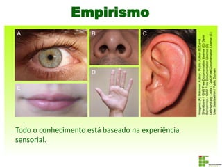 Todo o conhecimento está baseado na experiência
sensorial.
FILOSOFIA, 2º ano
Tópico: O Conhecimento: Apreensão e Expressão da Realidade
Imagens:(A)UnknownAuthor/PublicAuthor(B)David
Shankbone/GNUFreeDocumentationLicense(C)David
Benbennick/GNUFreeDocumentationLicense(D)
LeftHand.jpg:Ludor/GNUFreeDocumentationLicense(E)
User:Saintswithin/PublicDomain
A B C
D
E
Empirismo
 