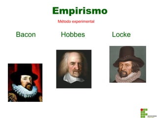 Empirismo
Bacon Hobbes Locke
Método experimental
 