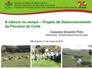 A ciência no campo – Projeto de Desenvolvimento
da Pecuária de Corte
                                Cassiano Eduardo Pinto
                            Pesquisador - Estação Experimental de Lages


             São Joaquim, 21 de março de 2013
 