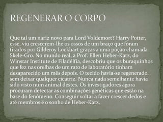 Que tal um nariz novo para Lord Voldemort? Harry Potter,
esse, viu crescerem-lhe os ossos de um braço que foram
tirados por Gilderoy Lockhart graças a uma poção chamada
Skele-Gro. No mundo real, a Prof. Ellen Heber-Katz, do
Winstar Institute de Filadélfia, descobriu que os buraquinhos
que fez nas orelhas de um rato de laboratório tinham
desaparecido um mês depois. O tecido havia-se regenerado.
sem deixar qualquer cicatriz. Nunca nada semelhante havia
sido visto num animal destes. Os investigadores agora
procuram detectar as combinações genéticas que estão na
base do fenómeno. Conseguir voltar a fazer crescer dedos e
até membros é o sonho de Heber-Katz.
 