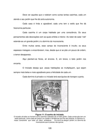 128
Deve ver aqueles que o rodeiam como outras tantas casinhas, cada um
atendo o seu jardim que lhe dá certa autonomia.
Cada casa é linda e agradável; cada uma tem o estilo que lhe dá
fisionomia particular.
Cada casinha é um corpo habitado por uma consciência. Os seus
pensamentos são decorações com as quais enfeita o interior. Ao redor de cada "vila"
estende-se um grande jardim; é o domínio do inconsciente.
Entre muitos seres, esse campo do inconsciente é inculto; os seus
espessos matagais o ensombreiam; mas, desde que aí se põe um pouco de ordem,
o temor desaparece.
Aqui plantam-se flores, ali árvores. E, em breve, o belo jardim nos
encanta.
O Iniciado deseja que .essas habitações se multipliquem, que sejam
sempre mais belas e mais agradáveis para a felicidade de cada um.
Cada domínio é privado e o iniciado terá escrúpulos de transpor a porta.
Figura 11: O sonho do iniciado.
O iniciado vê todos os homens como casinhas rodeadas de um belo jardim. Cada construção tem um
estilo particular, como cada ser possui um caráter e tendências que lhe são próprios. A casinha é o
nosso consciente que cada um deve embelezar. Em torno se alarga o jardim; é o domínio do
inconsciente que é preciso não ignorar.
 