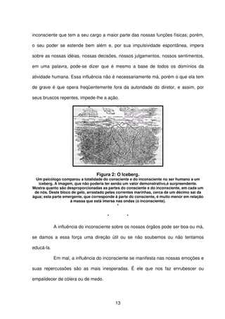 13
inconsciente que tem a seu cargo a maior parte das nossas funções físicas; porém,
o seu poder se estende bem além e, por sua impulsividade espontânea, impera
sobre as nossas idéias, nossas decisões, nossos julgamentos, nossos sentimentos,
em uma palavra, pode-se dizer que é mesmo a base de todos os domínios da
atividade humana. Essa influência não é necessariamente má, porém o que ela tem
de grave é que opera freqüentemente fora da autoridade do diretor, e assim, por
seus bruscos repentes, impede-lhe a ação.
Figura 2: O lceberg.
Um psicólogo comparou a totalidade do consciente e do inconsciente no ser humano a um
iceberg. A imagem, que não poderia ter senão um valor demonstrativo,é surpreendente.
Mostra quanto são desproporcionadas as partes do consciente e do inconsciente, em cada um
de nós. Deste bloco de gelo, arrastado pelas correntes marinhas, cerca de um décimo sai da
água; esta parte emergente, que corresponde à parte do consciente, é muito menor em relação
à massa que está imersa nas ondas (o inconsciente).
*
* *
A influência do inconsciente sobre os nossos órgãos pode ser boa ou má,
se damos a essa força uma direção útil ou se não soubemos ou não tentamos
educá-la.
Em mal, a influência do inconsciente se manifesta nas nossas emoções e
suas repercussões são as mais inesperadas. É ele que nos faz enrubescer ou
empalidecer de cólera ou de medo.
 