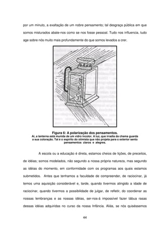 44
por um minuto, a exaltação de um nobre pensamento; tal desgraça pública em que
somos misturados abate-nos como se nos fosse pessoal. Tudo nos influencia, tudo
age sobre nós muito mais profundamente do que somos levados a crer.
Figura 6: A polarização dos pensamentos.
Ai, a lanterna está munida de um vidro incolor. A luz, que irradia da chama guarda
a sua coloração. Tal é o espírito do otimista que não projeta para o exterior sento
pensamentos claros e alegres.
A escola ou a educação é direta, estamos cheios de lições, de preceitos,
de idéias; somos modelados, não segundo a nossa própria natureza, mas segundo
as idéias do momento, em conformidade com os programas aos quais estamos
submetidos. Antes que tenhamos a faculdade de compreender, de raciocinar, já
temos uma aquisição considerável e, tarde, quando tivermos atingido a idade de
raciocinar, quando tivermos a possibilidade de julgar, de refletir, do coordenar as
nossas lembranças e as nossas idéias, ser-nos-á impossível fazer tábua rasas
dessas idéias adquiridas no curso da nossa Infância. Aliás, se nós quiséssemos
 