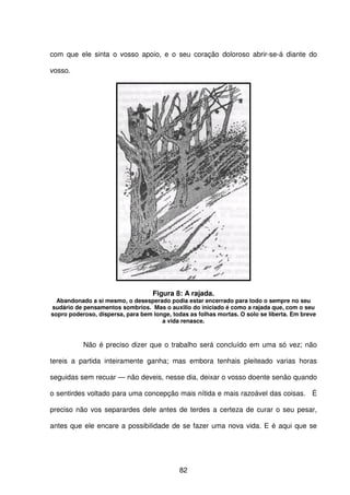 82
com que ele sinta o vosso apoio, e o seu coração doloroso abrir-se-á diante do
vosso.
Figura 8: A rajada.
Abandonado a si mesmo, o desesperado podia estar encerrado para todo o sempre no seu
sudário de pensamentos sombrios. Mas o auxilio do iniciado é como a rajada que, com o seu
sopro poderoso, dispersa, para bem longe, todas as folhas mortas. O solo se liberta. Em breve
a vida renasce.
Não é preciso dizer que o trabalho será concluído em uma só vez; não
tereis a partida inteiramente ganha; mas embora tenhais pleiteado varias horas
seguidas sem recuar — não deveis, nesse dia, deixar o vosso doente senão quando
o sentirdes voltado para uma concepção mais nítida e mais razoável das coisas. É
preciso não vos separardes dele antes de terdes a certeza de curar o seu pesar,
antes que ele encare a possibilidade de se fazer uma nova vida. E é aqui que se
 