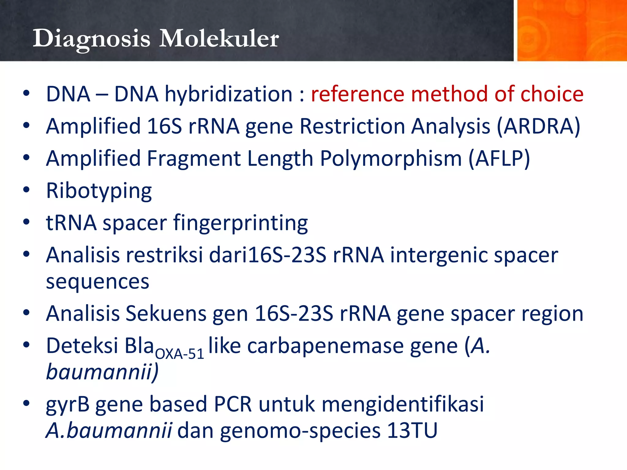 Diagnosis Molekuler
•
•
•
•
•
•

DNA – DNA hybridization : reference method of choice
Amplified 16S rRNA gene Restriction Analysis (ARDRA)
Amplified Fragment Length Polymorphism (AFLP)
Ribotyping
tRNA spacer fingerprinting
Analisis restriksi dari16S-23S rRNA intergenic spacer
sequences
• Analisis Sekuens gen 16S-23S rRNA gene spacer region
• Deteksi BlaOXA-51 like carbapenemase gene (A.
baumannii)
• gyrB gene based PCR untuk mengidentifikasi
A.baumannii dan genomo-species 13TU

 