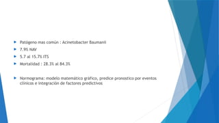  Patógeno mas común : Acinetobacter Baumanii
 7.9% NAV
 5.7 al 15.7% ITS
 Mortalidad : 28.3% al 84.3%
 Normograma: modelo matemático gráfico, predice pronostico por eventos
clínicos e integración de factores predictivos
 
