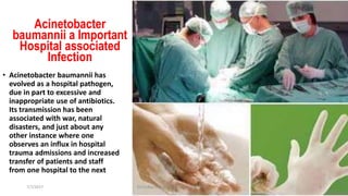Acinetobacter
baumannii a Important
Hospital associated
Infection
• Acinetobacter baumannii has
evolved as a hospital pathogen,
due in part to excessive and
inappropriate use of antibiotics.
Its transmission has been
associated with war, natural
disasters, and just about any
other instance where one
observes an influx in hospital
trauma admissions and increased
transfer of patients and staff
from one hospital to the next
7/7/2017 Dr.T.V.Rao MD @Acinetobacter baumannii 4
 