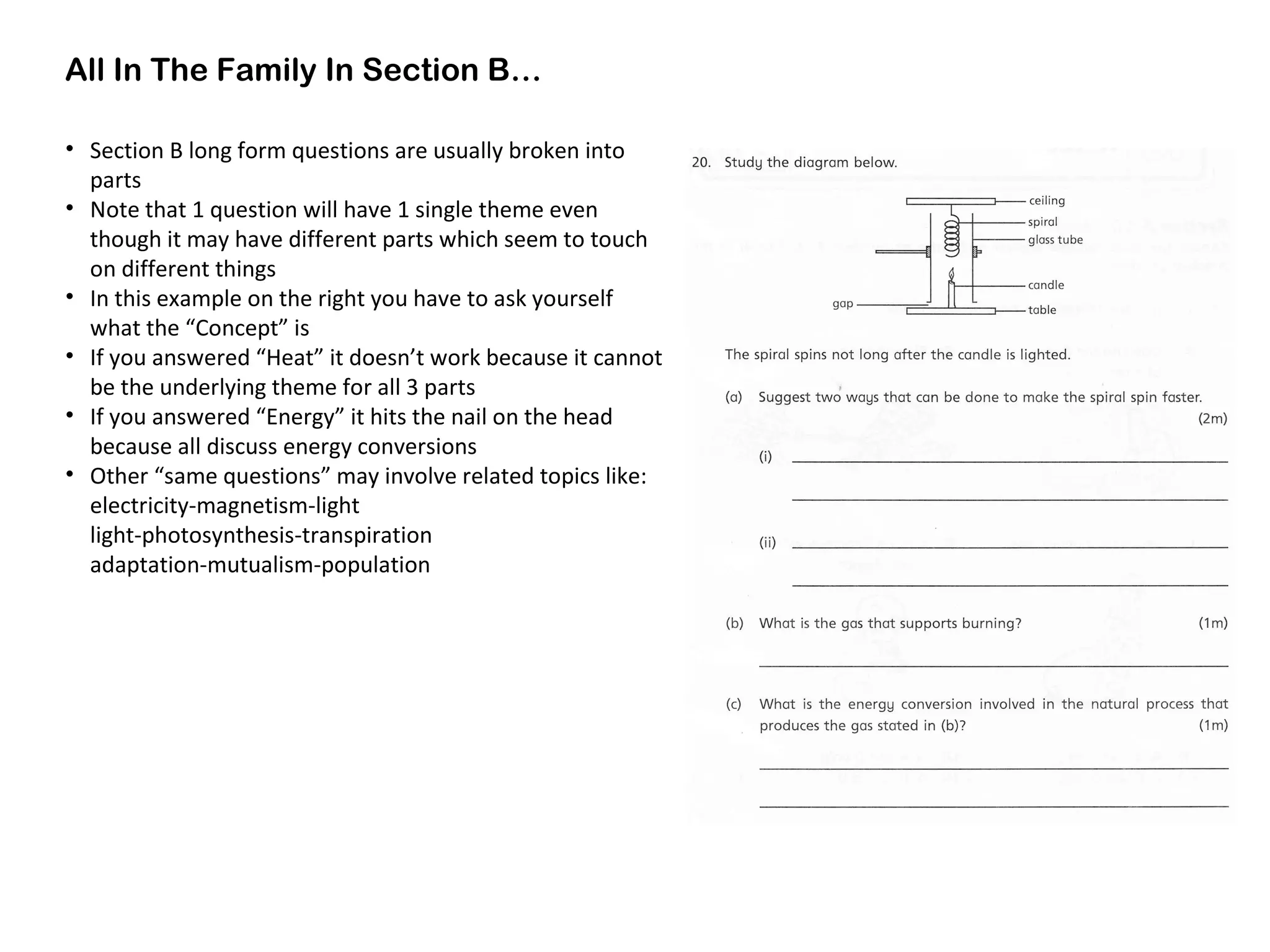 All In The Family In Section B…
• Section B long form questions are usually broken into
parts
• Note that 1 question will have 1 single theme even
though it may have different parts which seem to touch
on different things
• In this example on the right you have to ask yourself
what the “Concept” is
• If you answered “Heat” it doesn’t work because it cannot
be the underlying theme for all 3 parts
• If you answered “Energy” it hits the nail on the head
because all discuss energy conversions
• Other “same questions” may involve related topics like:
electricity-magnetism-light
light-photosynthesis-transpiration
adaptation-mutualism-population
 