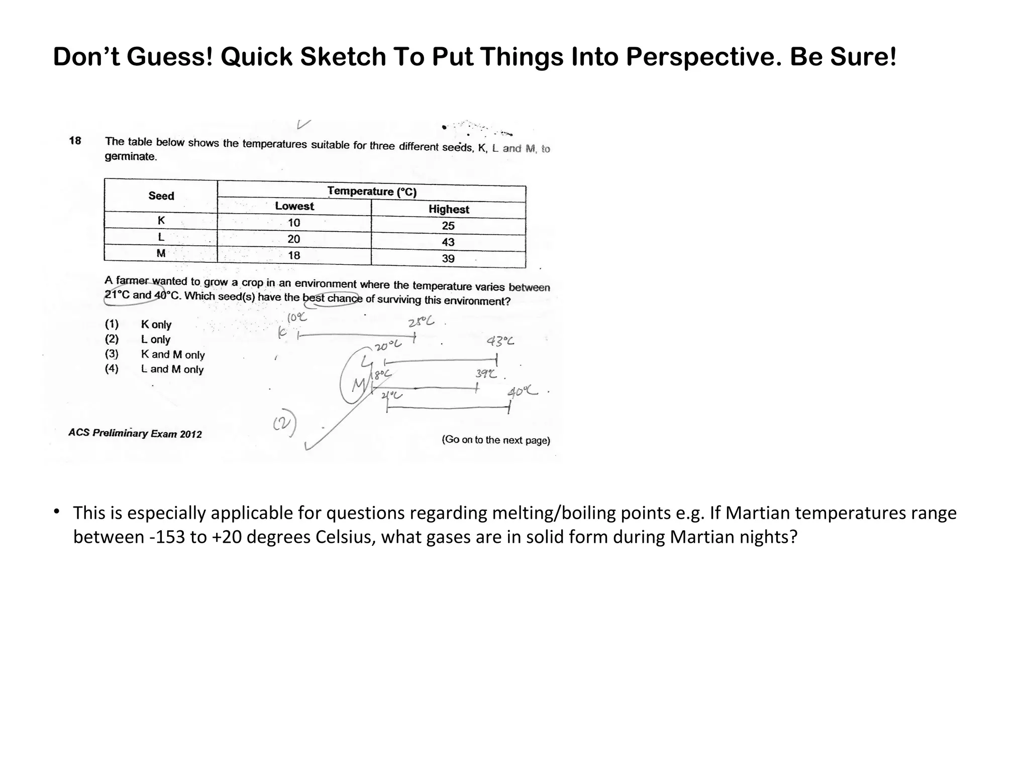 Don’t Guess! Quick Sketch To Put Things Into Perspective. Be Sure!
• This is especially applicable for questions regarding melting/boiling points e.g. If Martian temperatures range
between -153 to +20 degrees Celsius, what gases are in solid form during Martian nights?
 