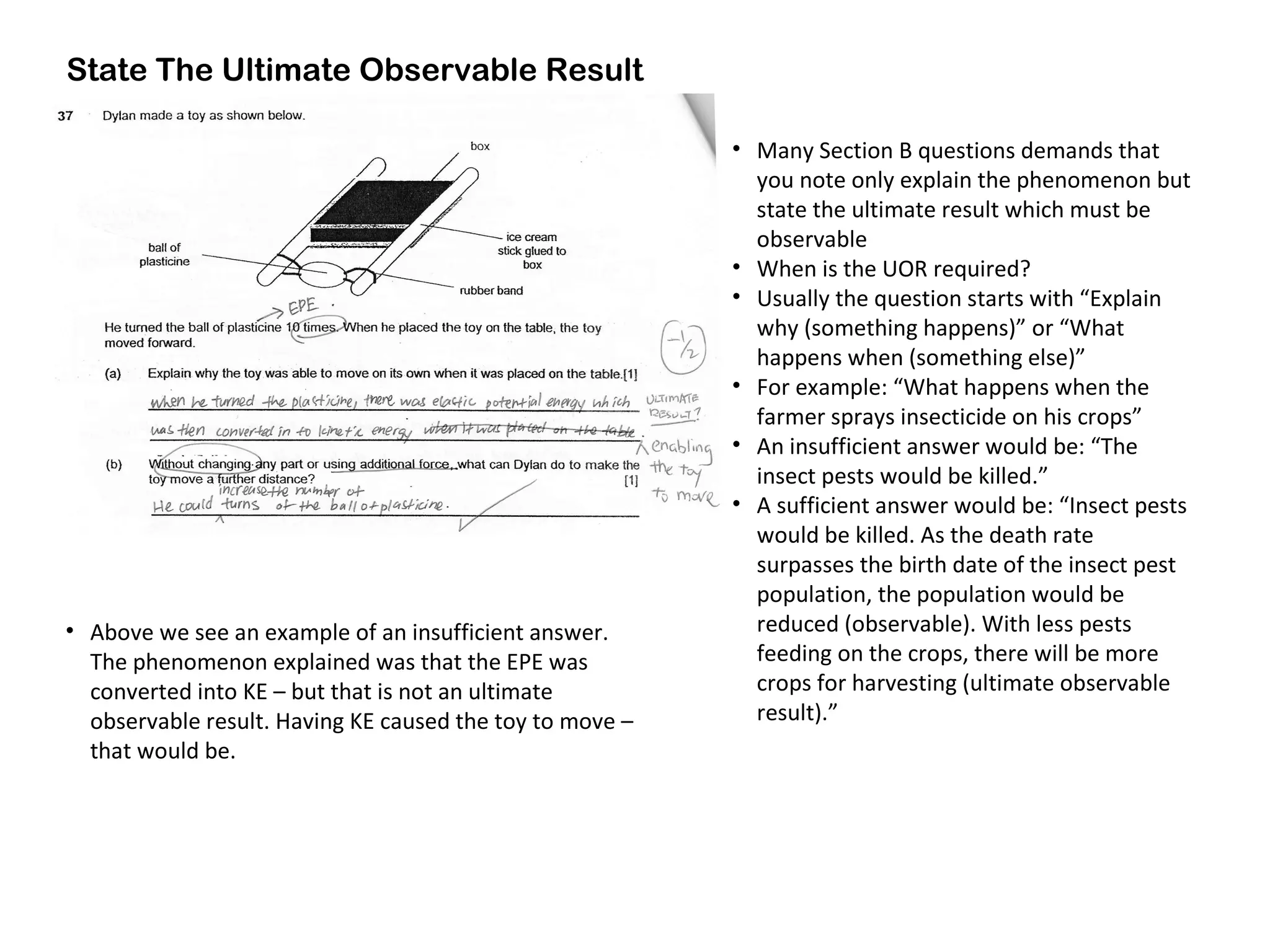 State The Ultimate Observable Result
• Many Section B questions demands that
you note only explain the phenomenon but
state the ultimate result which must be
observable
• When is the UOR required?
• Usually the question starts with “Explain
why (something happens)” or “What
happens when (something else)”
• For example: “What happens when the
farmer sprays insecticide on his crops”
• An insufficient answer would be: “The
insect pests would be killed.”
• A sufficient answer would be: “Insect pests
would be killed. As the death rate
surpasses the birth date of the insect pest
population, the population would be
reduced (observable). With less pests
feeding on the crops, there will be more
crops for harvesting (ultimate observable
result).”
• Above we see an example of an insufficient answer.
The phenomenon explained was that the EPE was
converted into KE – but that is not an ultimate
observable result. Having KE caused the toy to move –
that would be.
 
