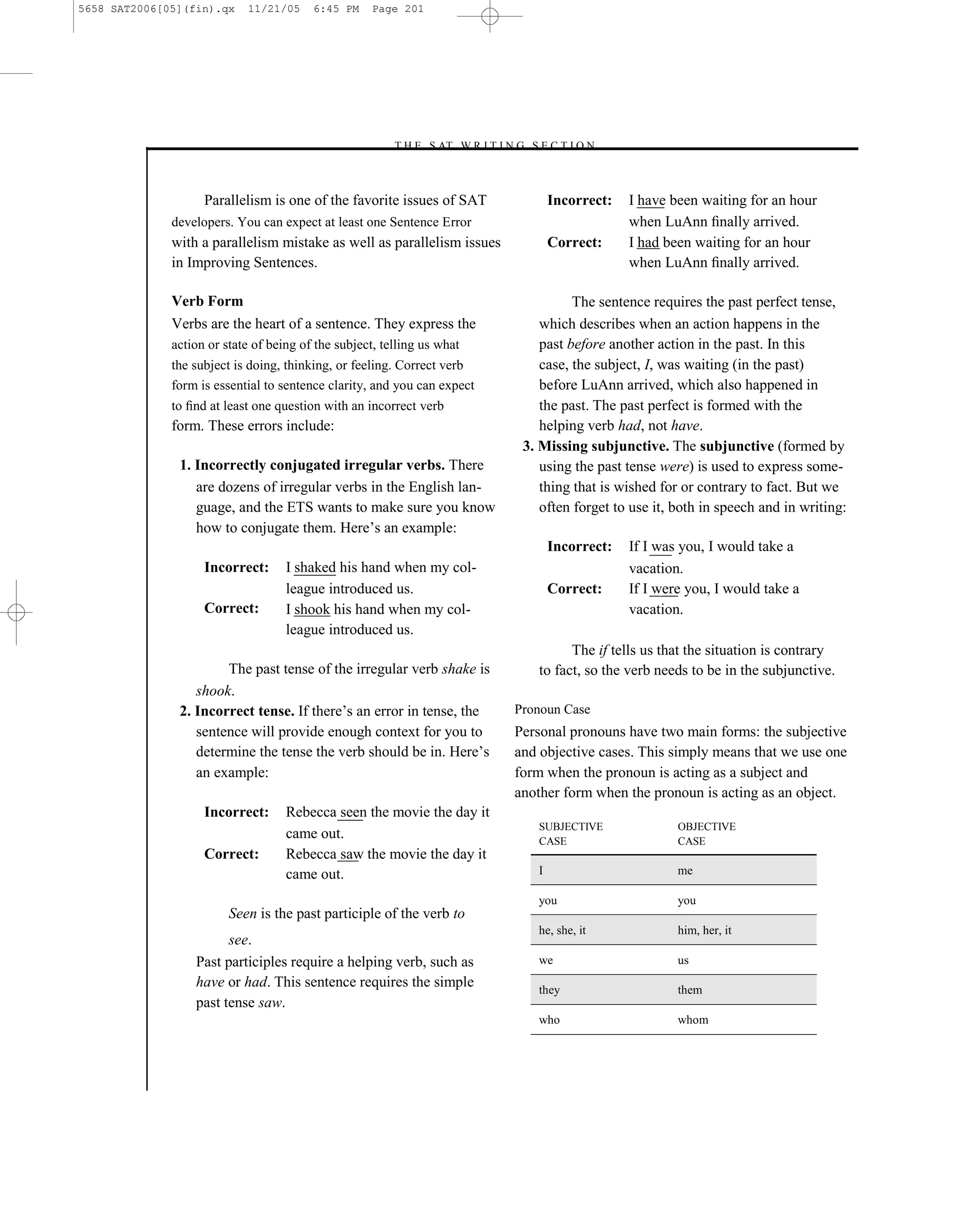 5658 SAT2006[05](fin).qx    11/21/05     6:45 PM     Page 201




                                                        –T H E S AT W R I T I N G S E C T I O N –



                    Parallelism is one of the favorite issues of SAT                    Incorrect:   I have been waiting for an hour
              developers. You can expect at least one Sentence Error                                 when LuAnn ﬁnally arrived.
              with a parallelism mistake as well as parallelism issues                  Correct:     I had been waiting for an hour
              in Improving Sentences.                                                                when LuAnn ﬁnally arrived.

              Verb Form                                                                   The sentence requires the past perfect tense,
              Verbs are the heart of a sentence. They express the                   which describes when an action happens in the
              action or state of being of the subject, telling us what              past before another action in the past. In this
              the subject is doing, thinking, or feeling. Correct verb              case, the subject, I, was waiting (in the past)
              form is essential to sentence clarity, and you can expect             before LuAnn arrived, which also happened in
              to ﬁnd at least one question with an incorrect verb                   the past. The past perfect is formed with the
              form. These errors include:                                           helping verb had, not have.
                                                                                 3. Missing subjunctive. The subjunctive (formed by
               1. Incorrectly conjugated irregular verbs. There                     using the past tense were) is used to express some-
                  are dozens of irregular verbs in the English lan-                 thing that is wished for or contrary to fact. But we
                  guage, and the ETS wants to make sure you know                    often forget to use it, both in speech and in writing:
                  how to conjugate them. Here’s an example:
                                                                                        Incorrect:   If I was you, I would take a
                    Incorrect:      I shaked his hand when my col-                                   vacation.
                                    league introduced us.                               Correct:     If I were you, I would take a
                    Correct:        I shook his hand when my col-                                    vacation.
                                    league introduced us.
                                                                                          The if tells us that the situation is contrary
                       The past tense of the irregular verb shake is                to fact, so the verb needs to be in the subjunctive.
                  shook.
               2. Incorrect tense. If there’s an error in tense, the            Pronoun Case
                  sentence will provide enough context for you to               Personal pronouns have two main forms: the subjective
                  determine the tense the verb should be in. Here’s             and objective cases. This simply means that we use one
                  an example:                                                   form when the pronoun is acting as a subject and
                                                                                another form when the pronoun is acting as an object.
                    Incorrect:      Rebecca seen the movie the day it
                                                                                    SUBJECTIVE               OBJECTIVE
                                    came out.                                       CASE                     CASE
                    Correct:        Rebecca saw the movie the day it
                                    came out.                                       I                        me

                                                                                    you                      you
                         Seen is the past participle of the verb to
                                                                                    he, she, it              him, her, it
                        see.
                  Past participles require a helping verb, such as                  we                       us
                  have or had. This sentence requires the simple                    they                     them
                  past tense saw.
                                                                                    who                      whom




                                                                          201
 
