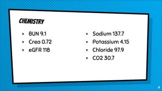 × BUN 9.1
× Crea 0.72
× eGFR 118
× Sodium 137.7
× Potassium 4.15
× Chloride 97.9
× CO2 30.7
17
 